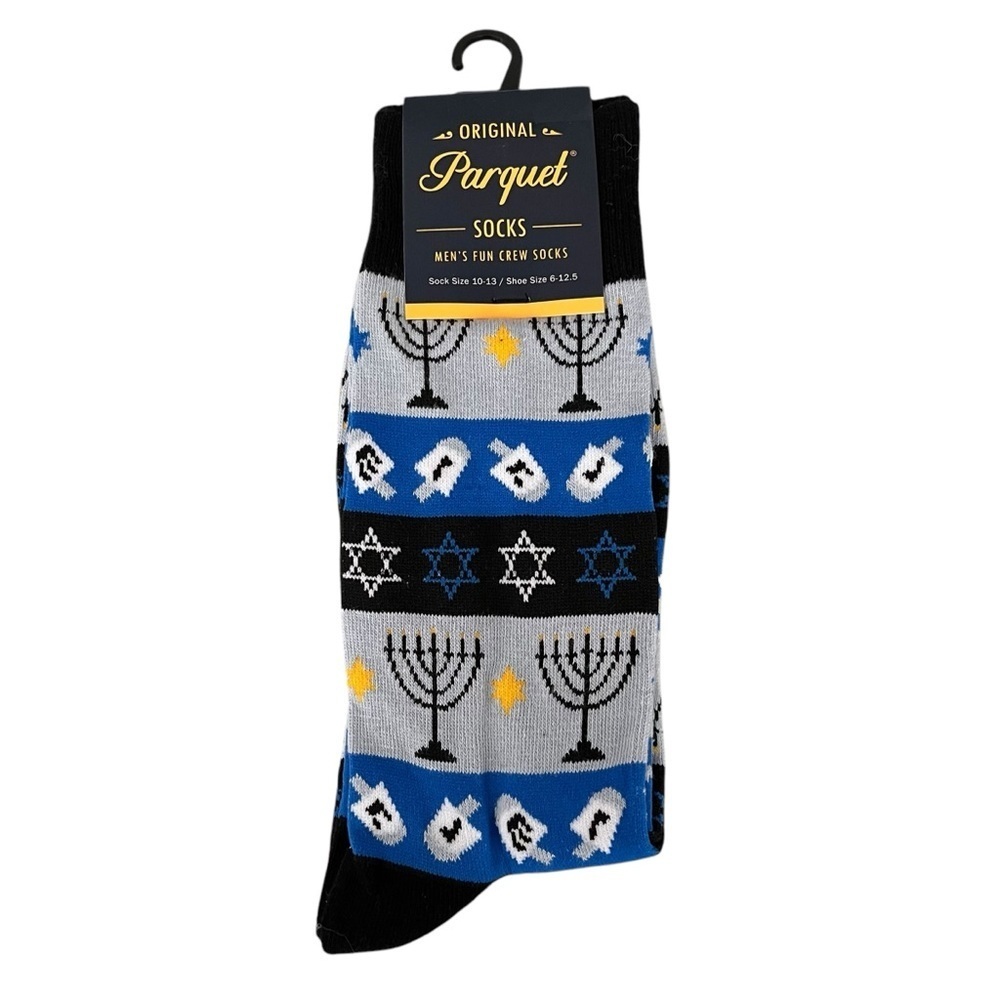 Parquet Socks Hanukkah Men's Size 10-13 Blue Menorah Stretch Novelty Easy Care
